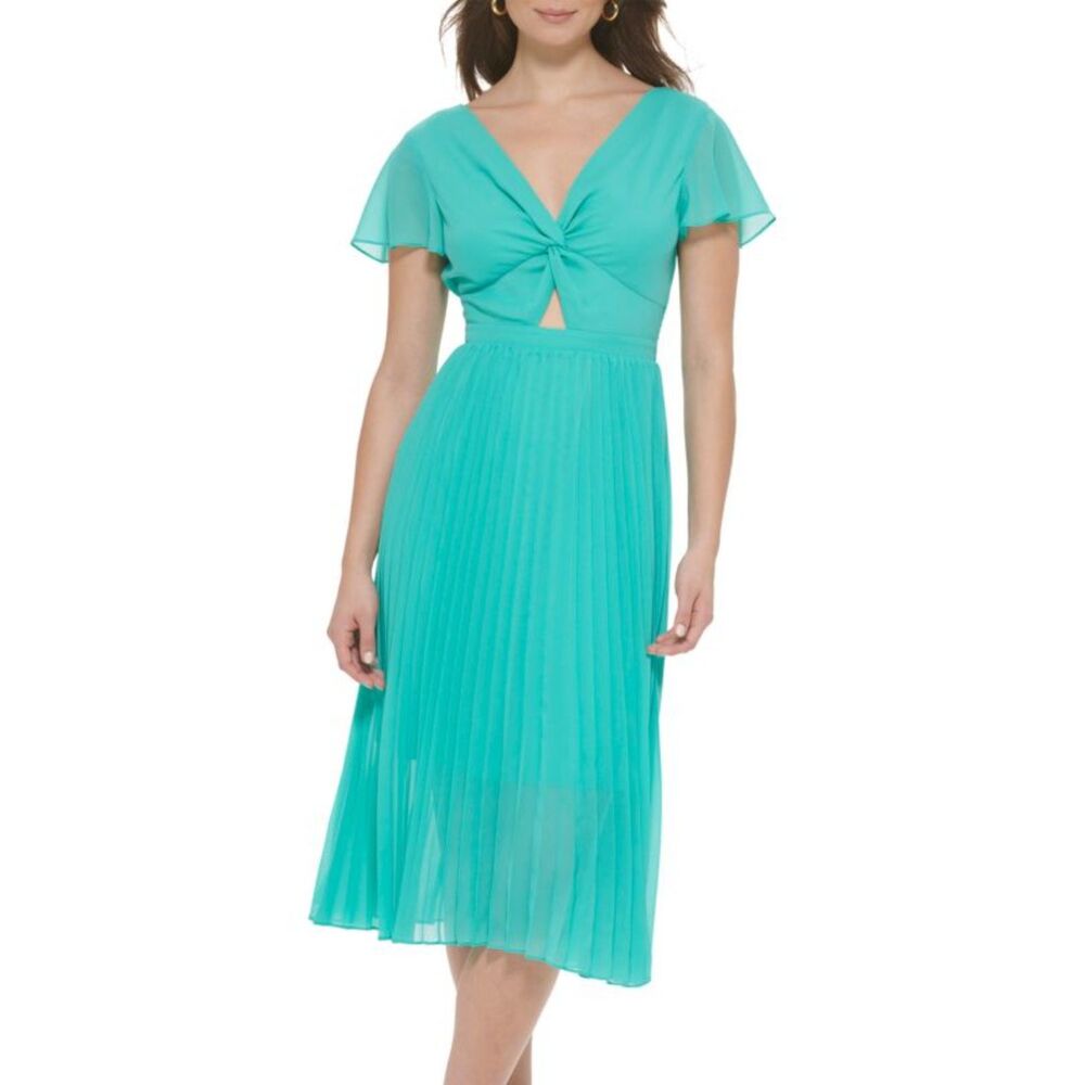 Aqua pleated chiffon midi dress